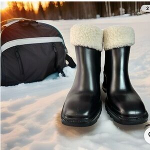 INC International Concepts Black Heeled Boots with Cream Fur Cuff NWT